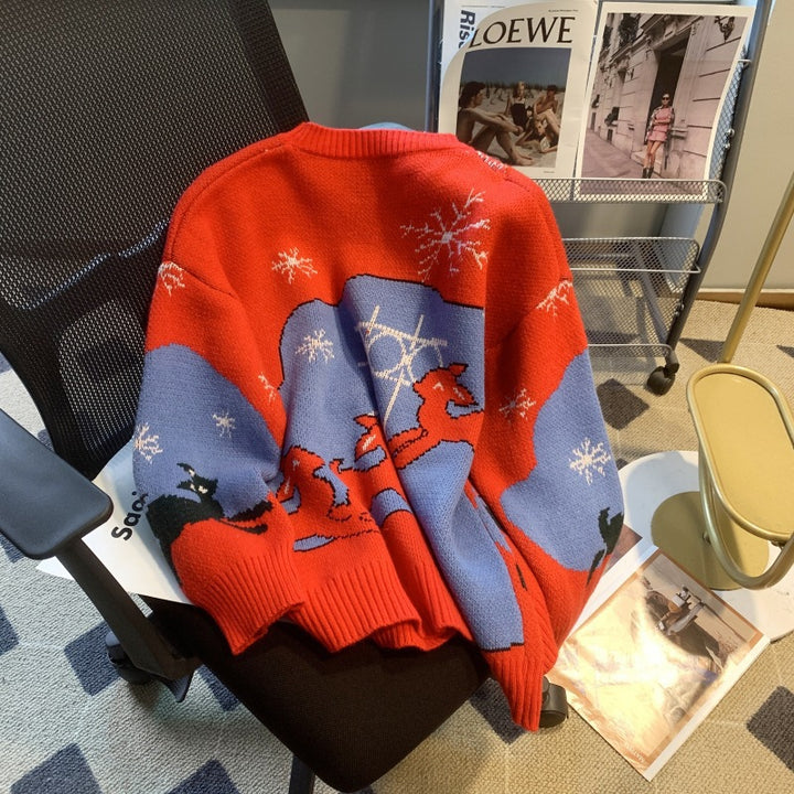 Damen festlicher Pullover mit Weihnachtsmotiv und Rundhalsausschnitt Drune