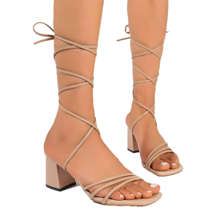 Damen Blockabsatz-Sandalen mit Modischen Riemen und Eleganter Schnürung Drune