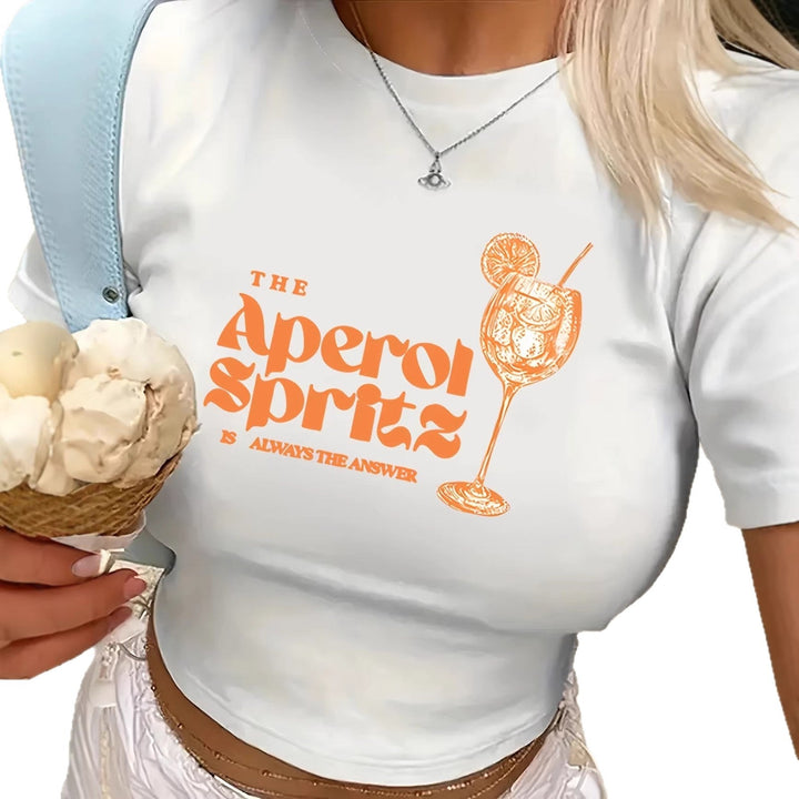 Damen Crop-T-Shirt mit kreativem Cocktail-Design Drune