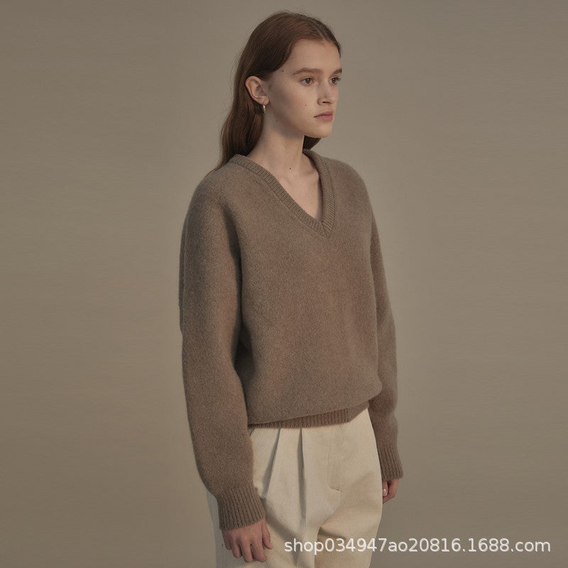 Damen hochwertiger V-Ausschnitt Pullover aus weichem Strick Drune