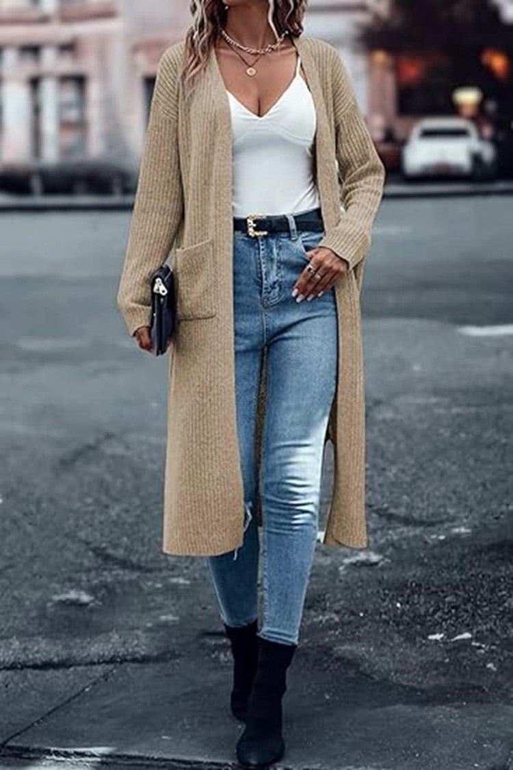 Damen Strickmantel mit langen Ärmeln und praktischen Taschen Drune