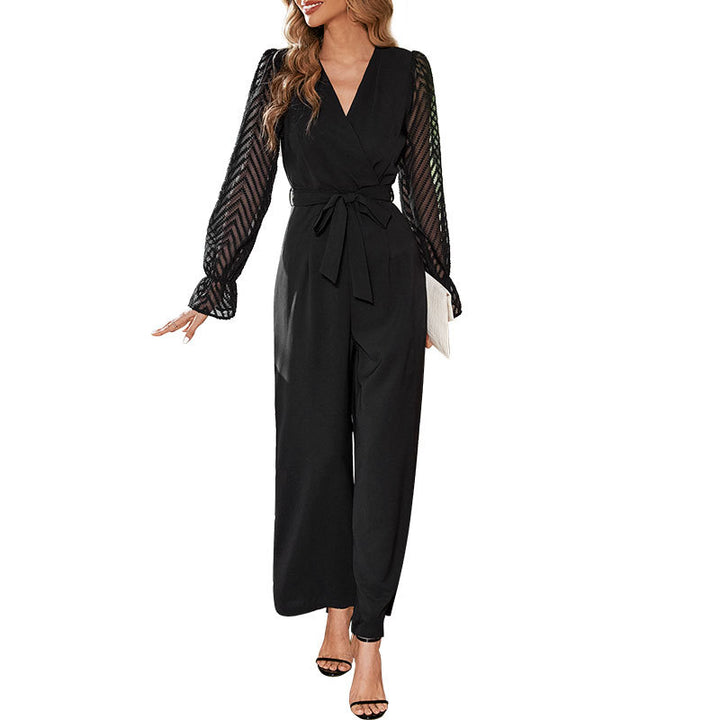 Damen eleganter Jumpsuit mit transparenten Ärmeln und taillierbarem Gürtel Drune