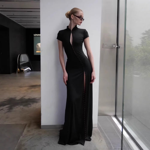Damen Elegantes Maxikleid mit raffinierten Knopfdetails und seitlichem Schlitz Drune