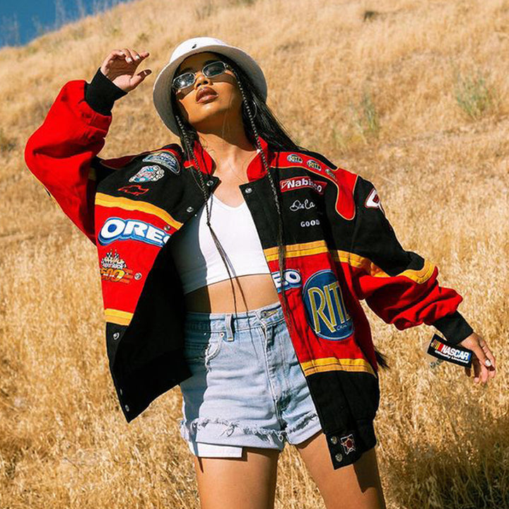 Damen Oversized Motorsportjacke mit bunten Grafikdetails und weitem Schnitt Drune
