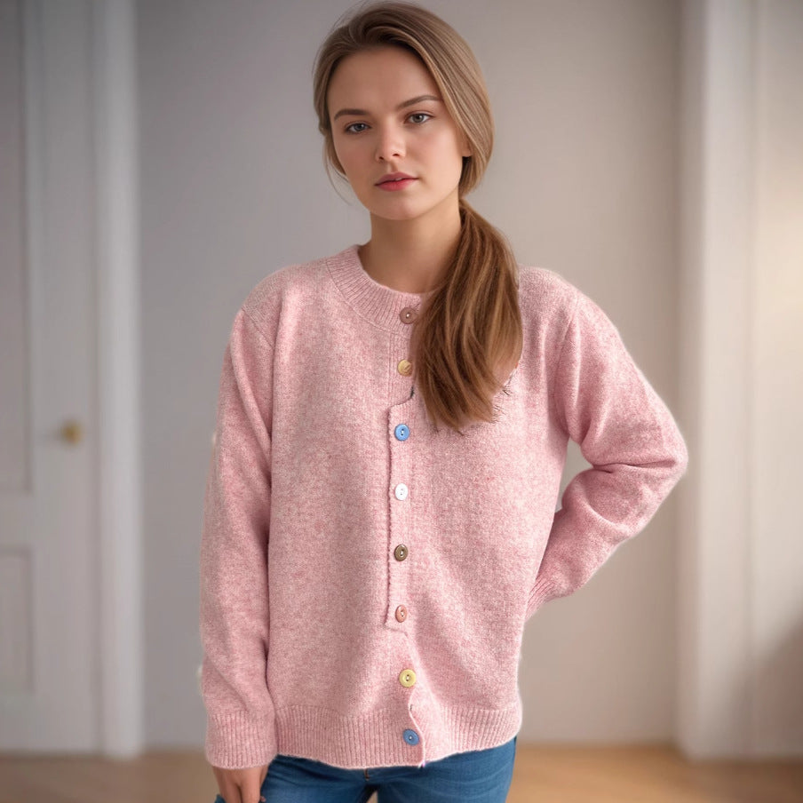 Damen kuschelige Strickjacke mit bunten Knopfdetails Drune