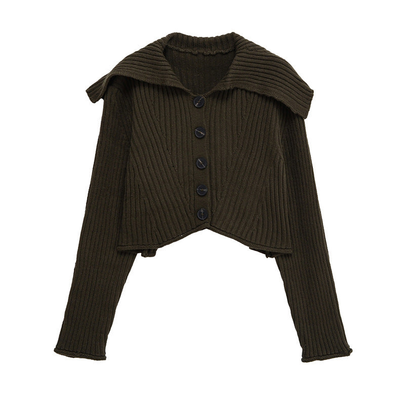 Damen cropped Strickjacke mit breitem Kragen und modernen Knopfdetails Drune