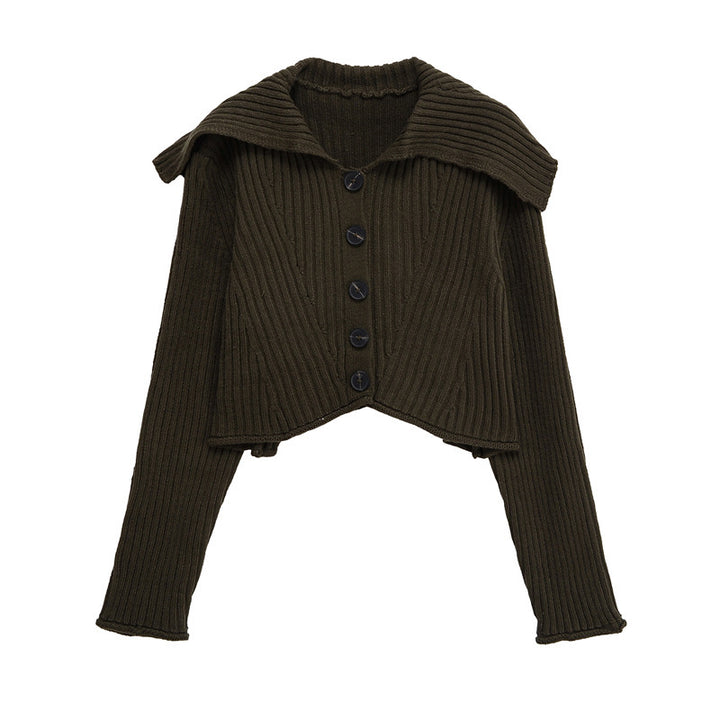 Damen cropped Strickjacke mit breitem Kragen und modernen Knopfdetails Drune