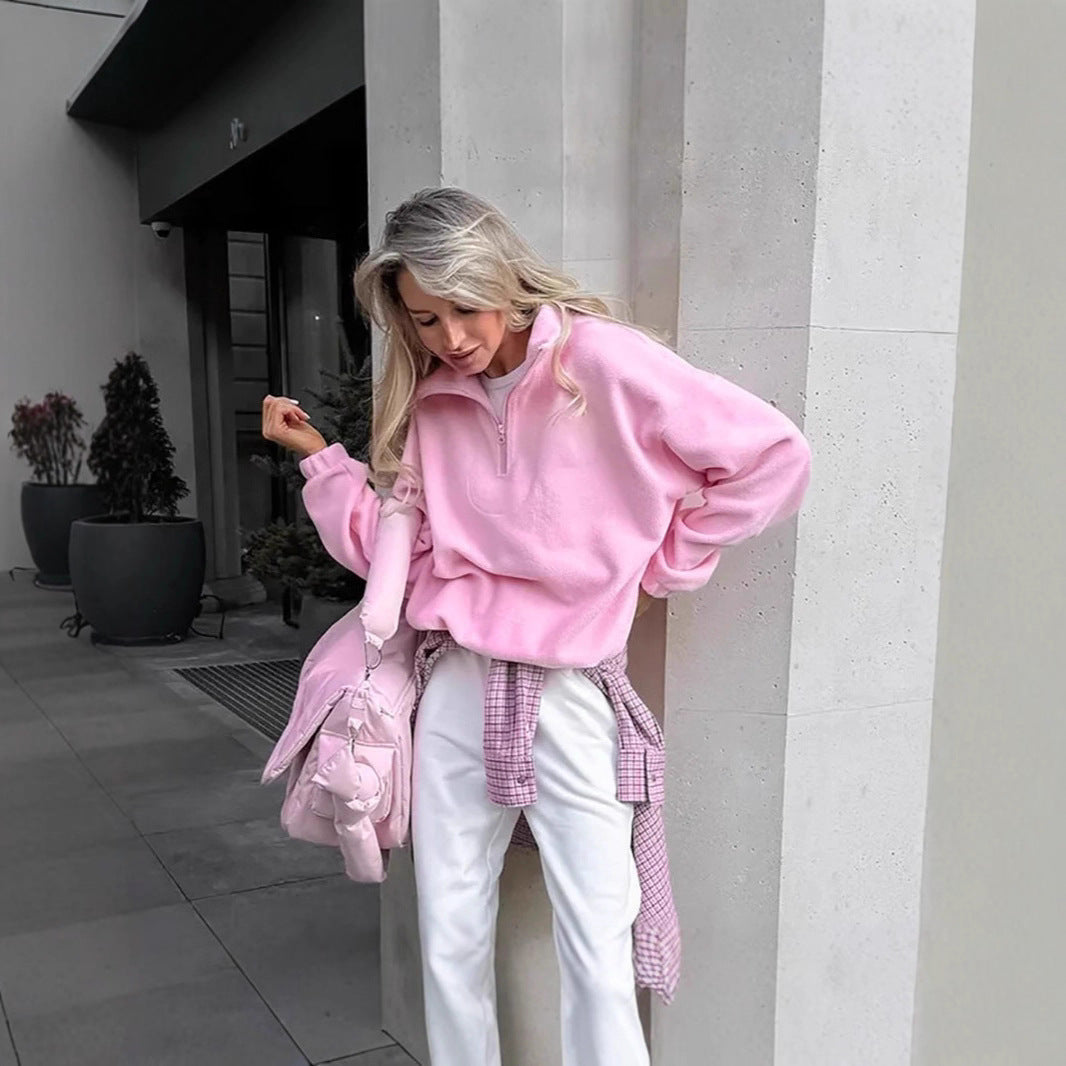 Damen Fleece Sweatpullover mit modernem Stehkragen und halbem Reißverschluss Drune