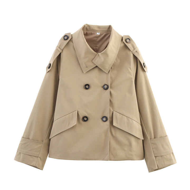 Damen nan kurz geschnittener doppelreihiger Trenchcoat mit Schulterpatten und aufgesetzten Klappentaschen Drune