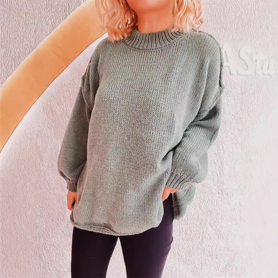 Damen lässiger Grobstrickpullover mit hohem Kragen und weitem Schnitt Drune