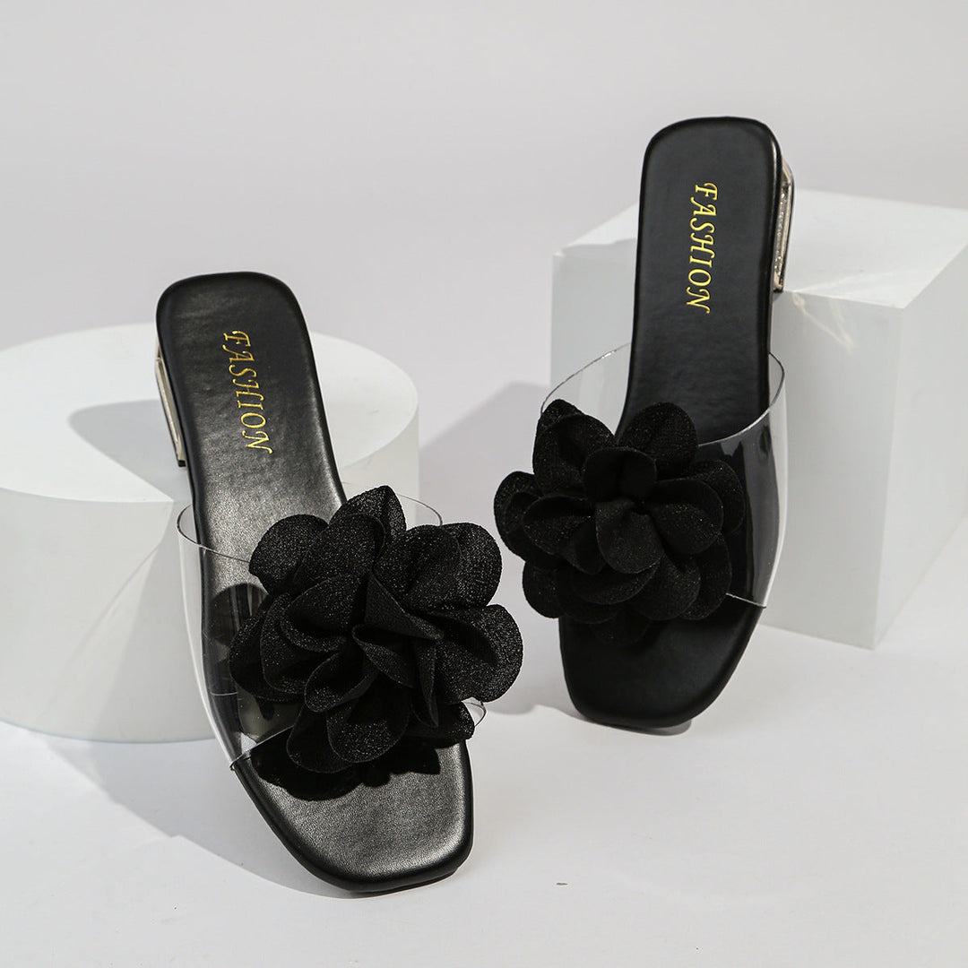 Damen Slides mit floralen Applikationen und funkelndem Blockabsatz Drune