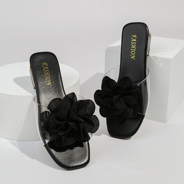 Damen Slides mit floralen Applikationen und funkelndem Blockabsatz Drune