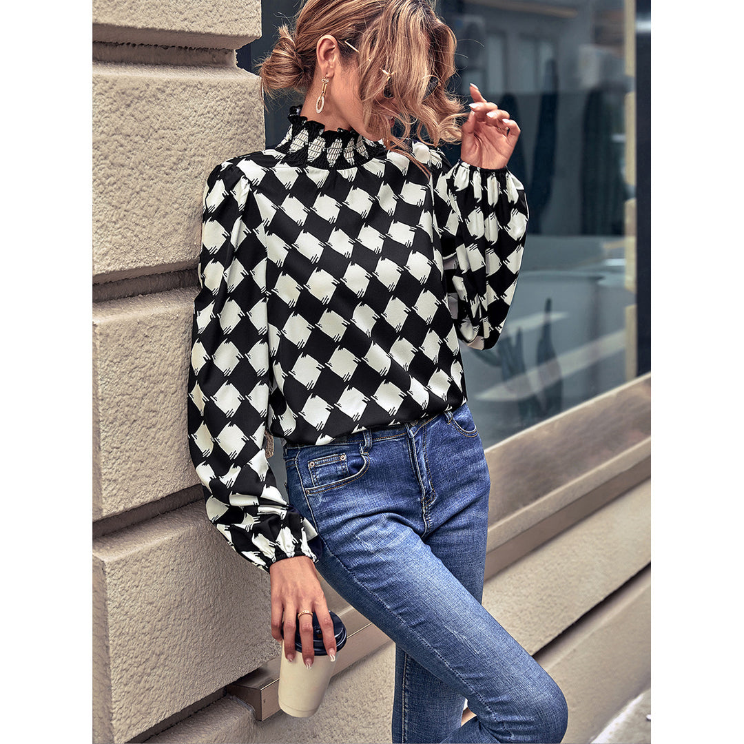 Damen elegante Bluse mit hochgeschlossenem Kragen und grafischem Muster Drune