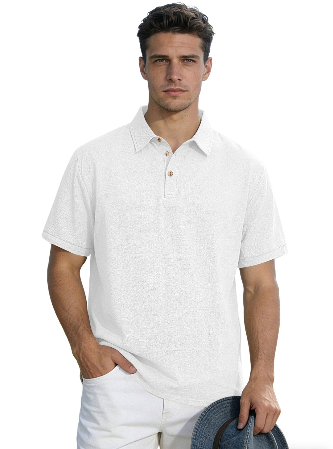 Herren nan legeres Kurzarm-Polo mit Hemdkragen, Kurzknopfleiste und strukturierter Baumwollmischung Drune