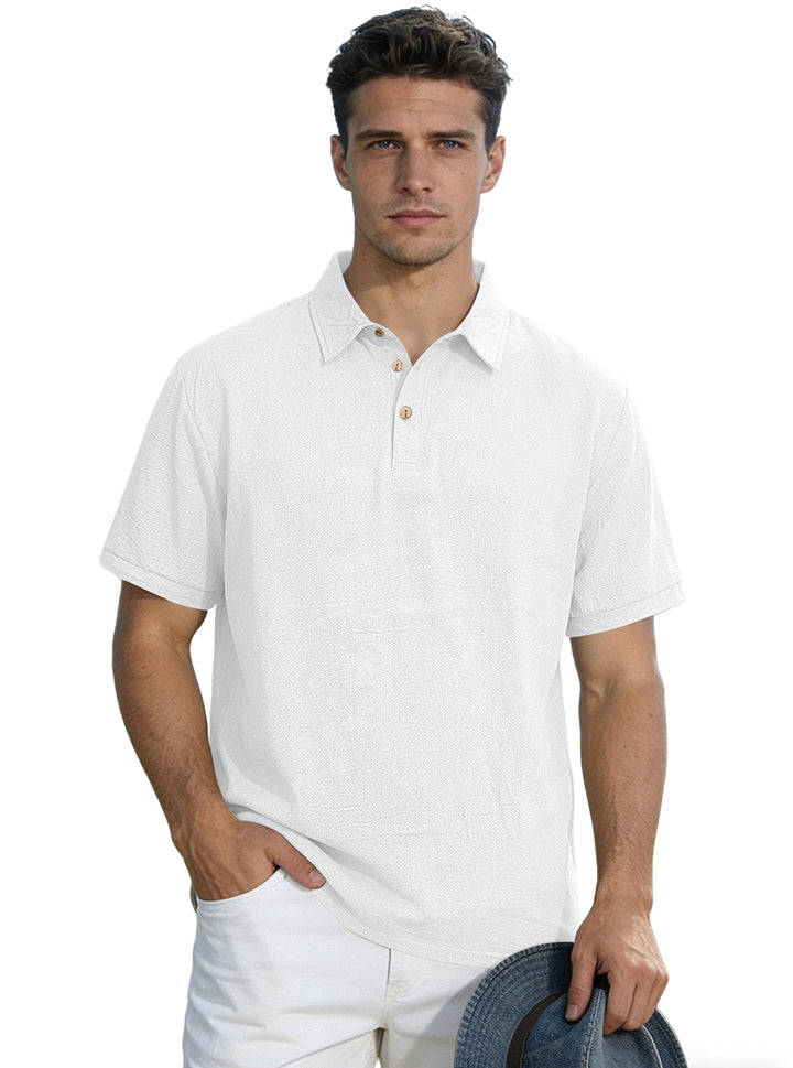 Herren nan legeres Kurzarm-Polo mit Hemdkragen, Kurzknopfleiste und strukturierter Baumwollmischung Drune