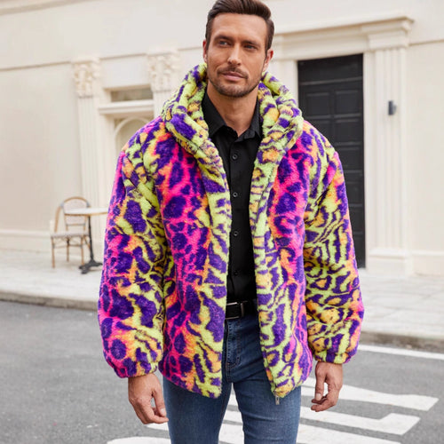 Herren Plüschjacke mit auffälligem Tierprint und Kapuze Drune