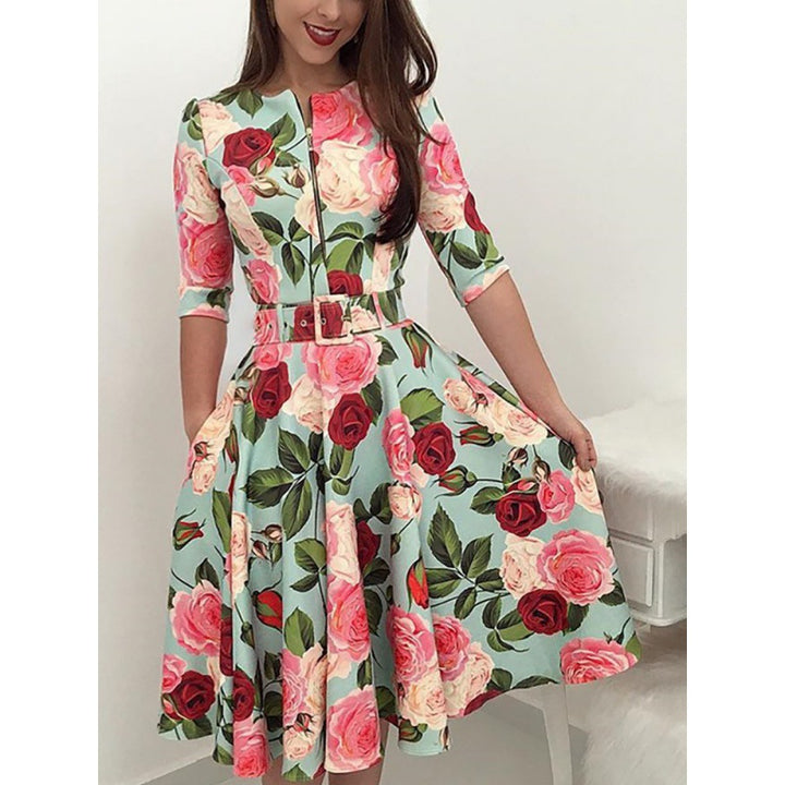 Damen Midikleid mit floralem Druck und Taillengürtel Drune