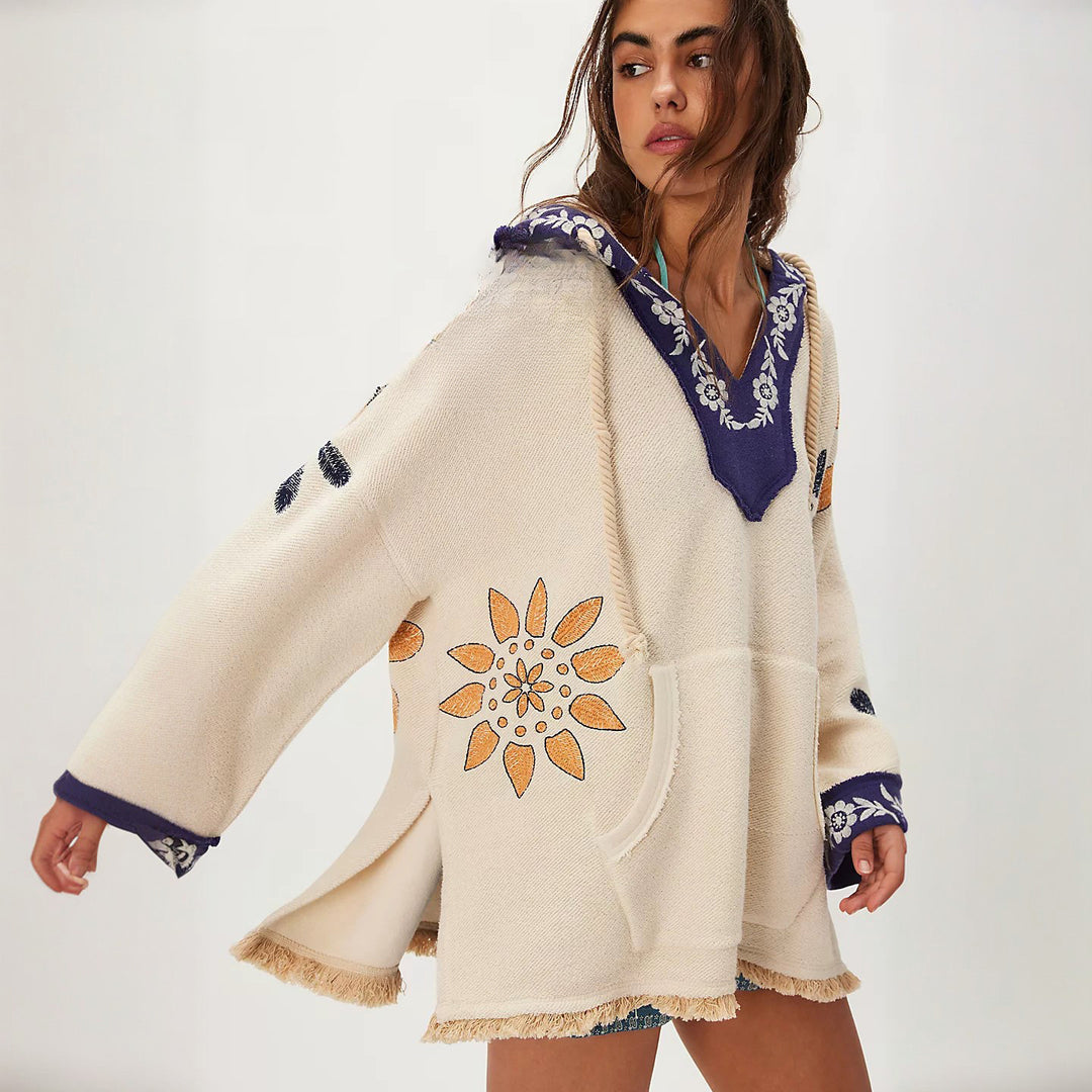 Damen Kapuzenponcho mit bunten Stickereien und fransigen Abschlüssen Drune