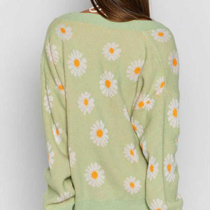 Damen Strickjacke mit floralem Design und V-Ausschnitt Drune