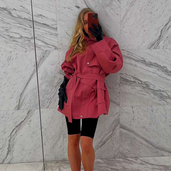 Damen Langer Trenchcoat mit breitem Kragen und taillierbarem Gürtel Drune