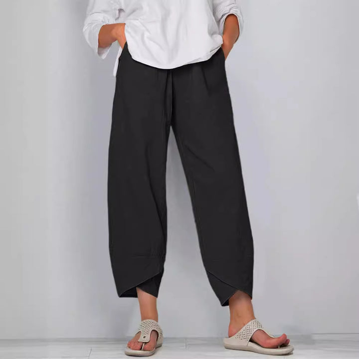 Damen nan weit geschnittene Leinenhose mit Tulpen-Saum und elastischem Bund Drune