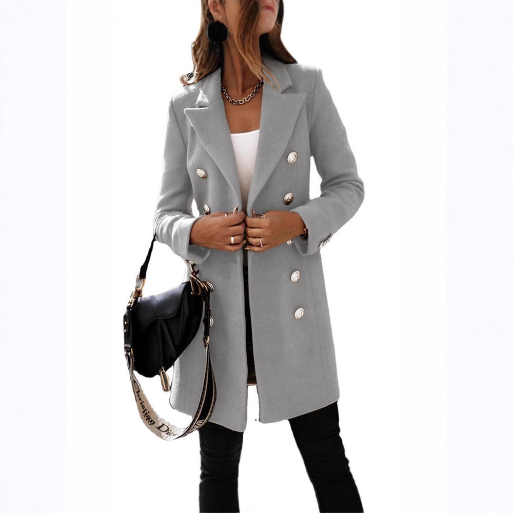 Damen eleganter Wollmantel mit doppelter Knopfleiste und breitem Revers Drune