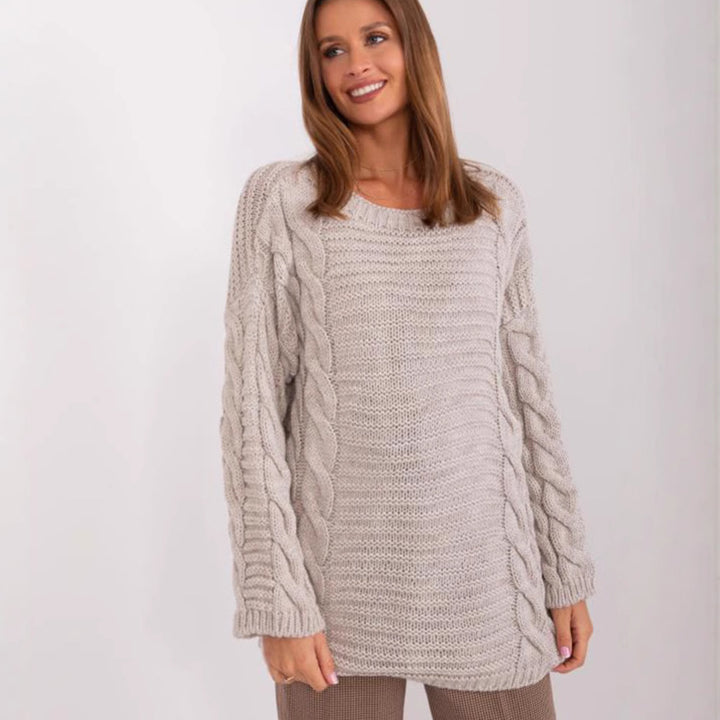 Damen Grobstrickpullover mit modernem Zopfmuster und weiten Ärmeln Drune