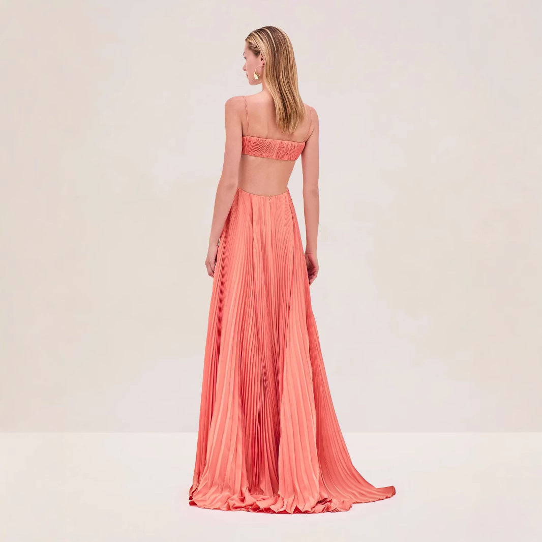 Damen Maxi-Kleid mit eleganter Plisseedetails und schmalen Spaghettiträgern Drune