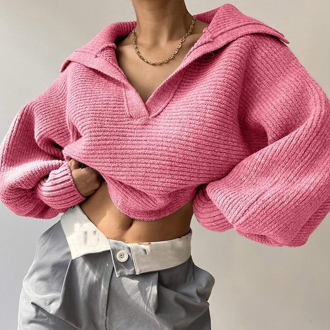 Damen nan Grobstrick-Pullover mit weitem Kragen und V-Ausschnitt Drune