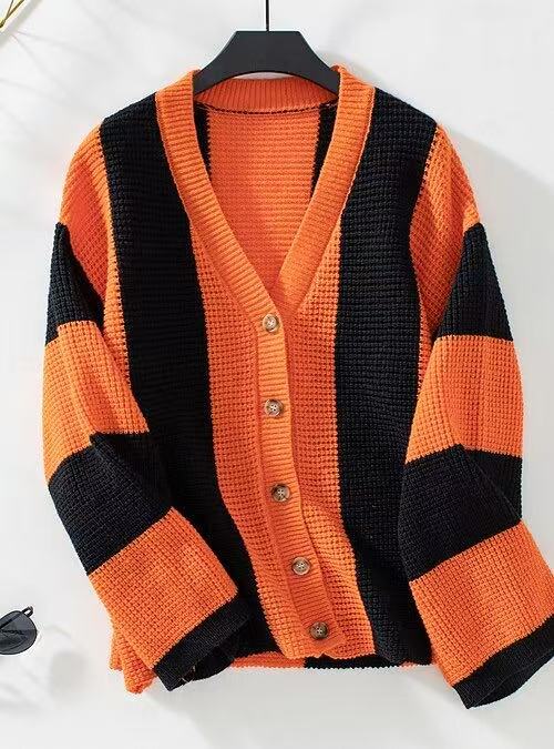 Damen stylische Strickjacke mit breiten Blockstreifen Drune