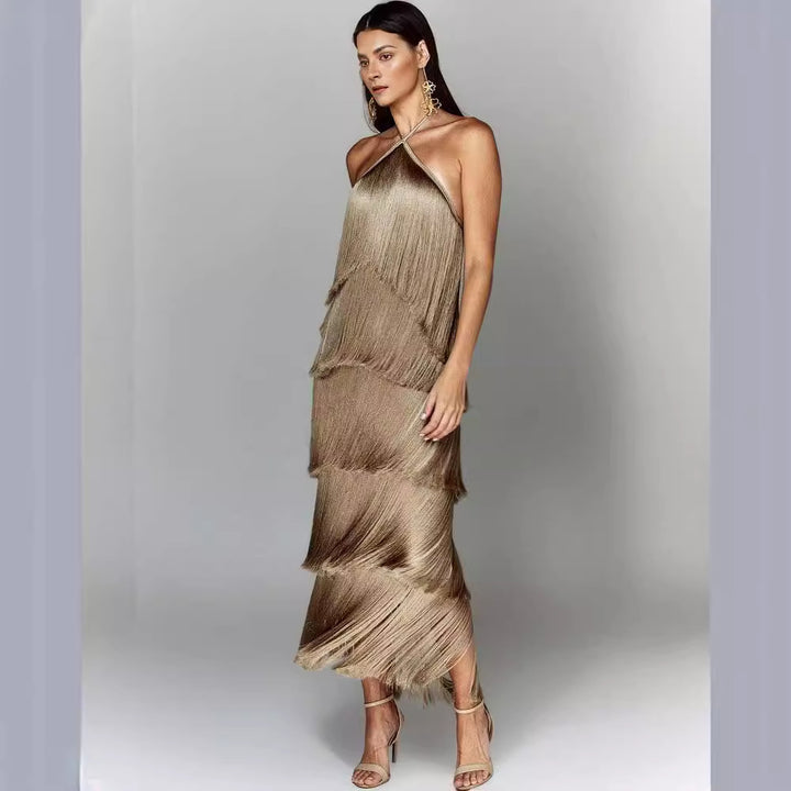 Damen Elegantes Fransen-Maxikleid mit schimmerndem Detail und raffinierter Passform Drune