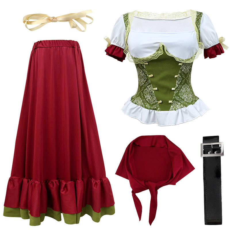 Damen nan traditionelles Dirndl Trachtenkleid Ensemble mit verstellbarem Corsagenmieder und langem Stufenrock Drune
