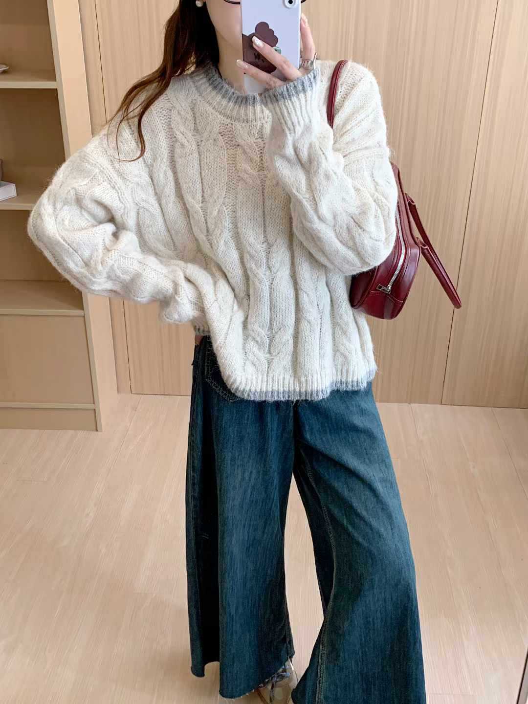 Damen Grob gestrickter Pullover mit Zopfmuster und Rundhalsausschnitt Drune