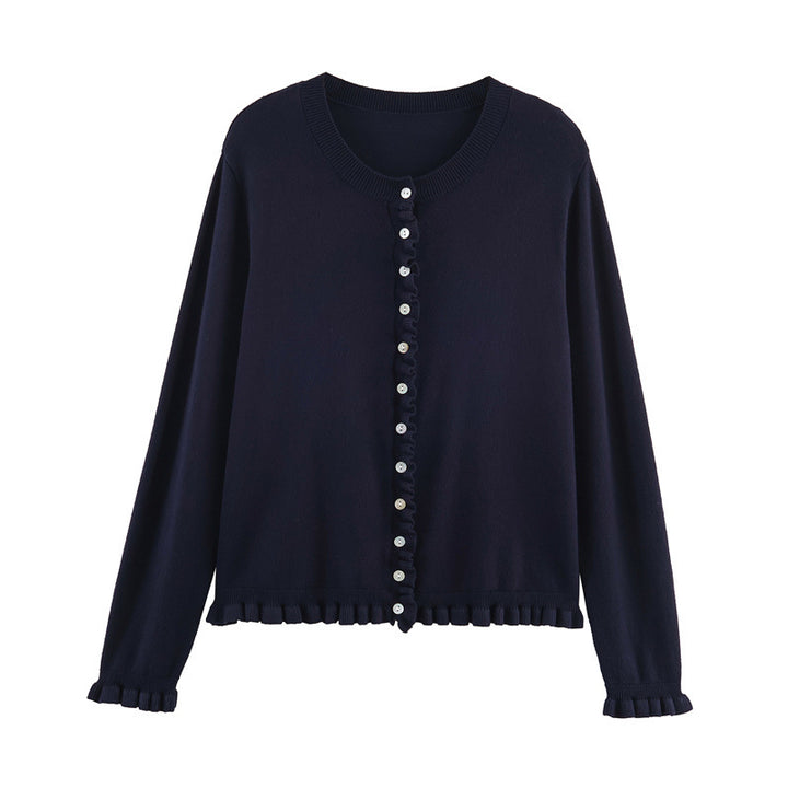 Damen modische gestreifte Strickjacke mit Rüschensaum und Knopfdetails Drune
