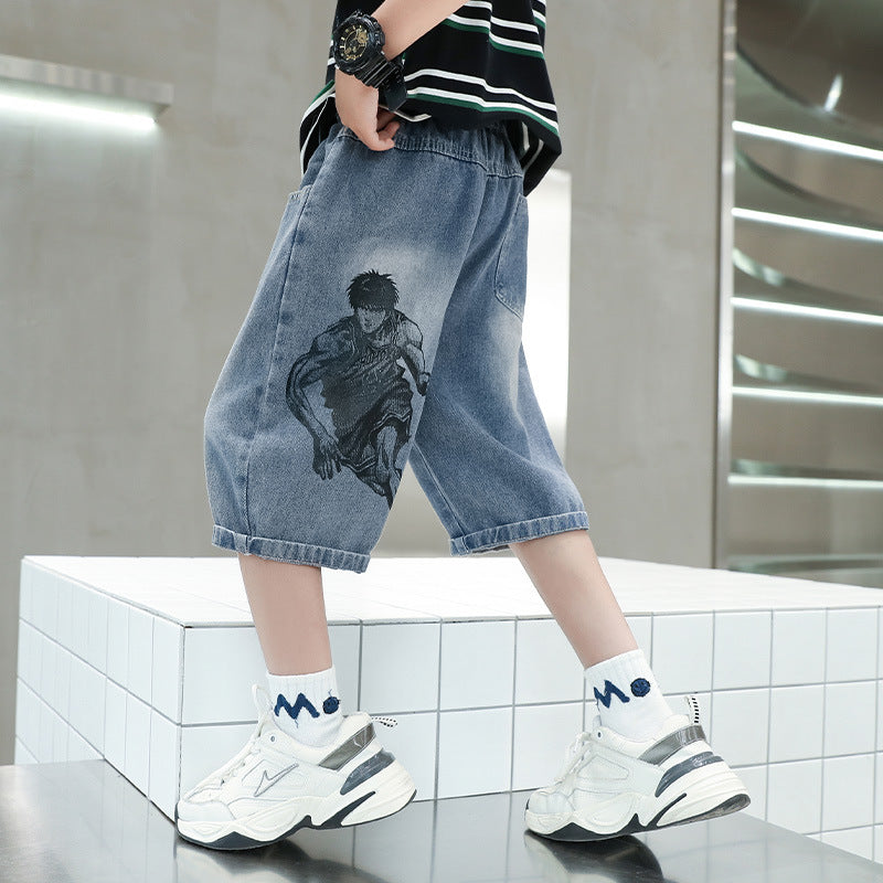 Jungen lässige Denim-Shorts mit kreativem Comic-Print Drune