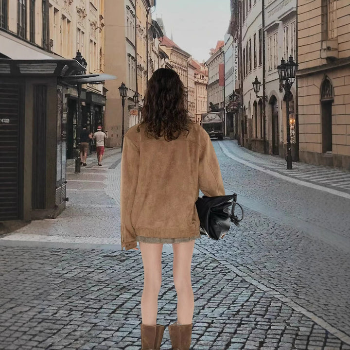 Damen Luxuriöse Wildlederjacke mit modernem Stehkragen Drune