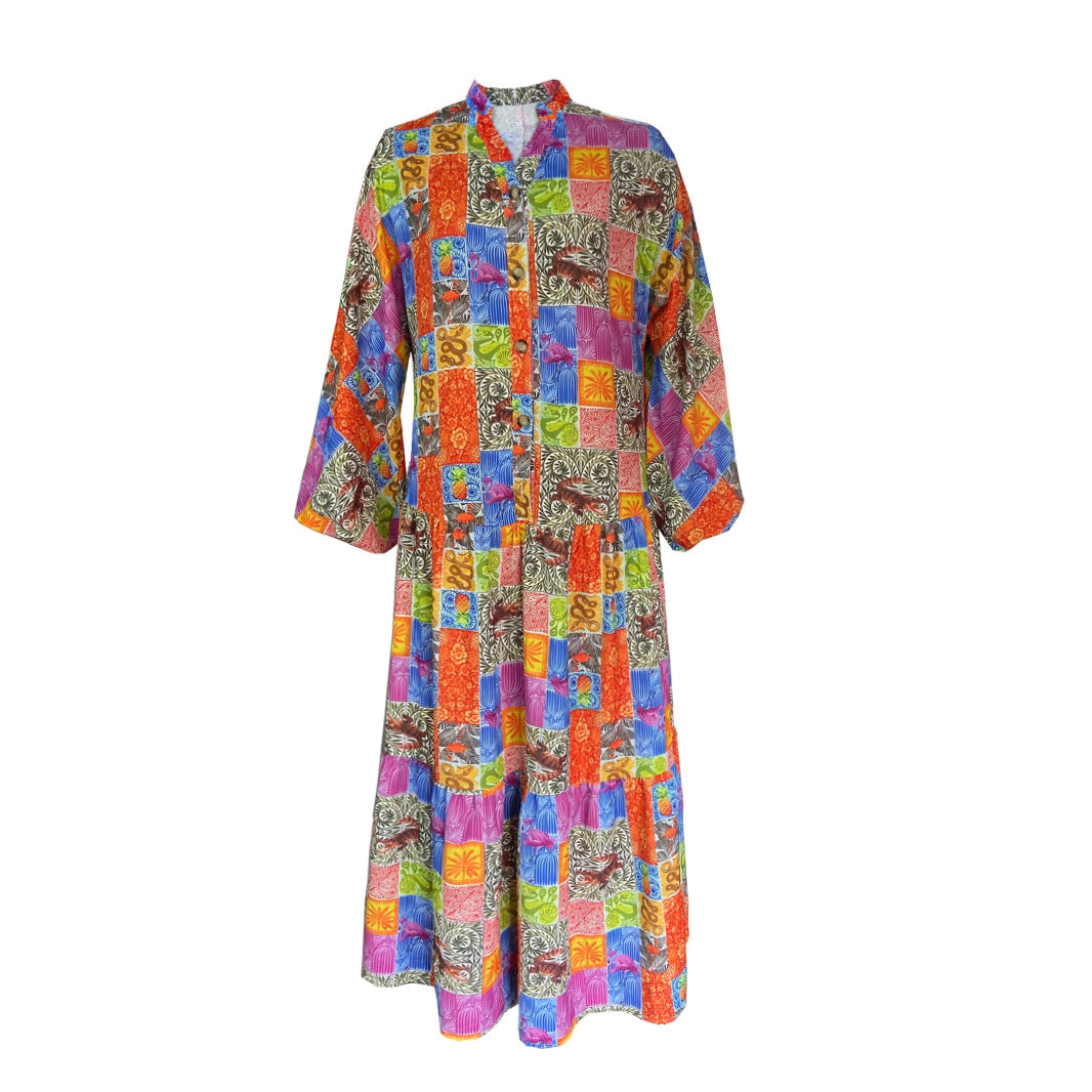 Damen Maxikleid im Boho-Stil mit buntem Patchwork-Design und weiten Ärmeln Drune