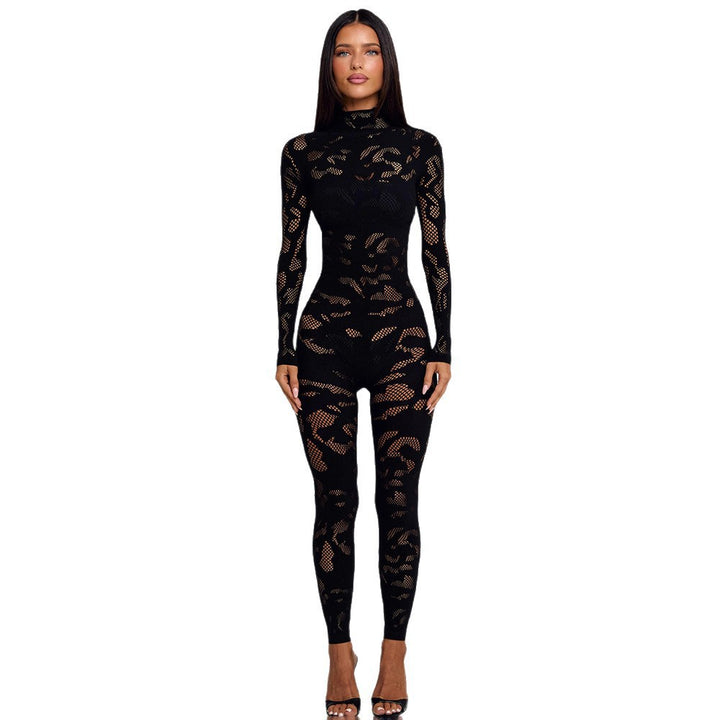 Damen Figurnahes Netz-Jumpsuit mit langem Arm und hohem Kragen Drune