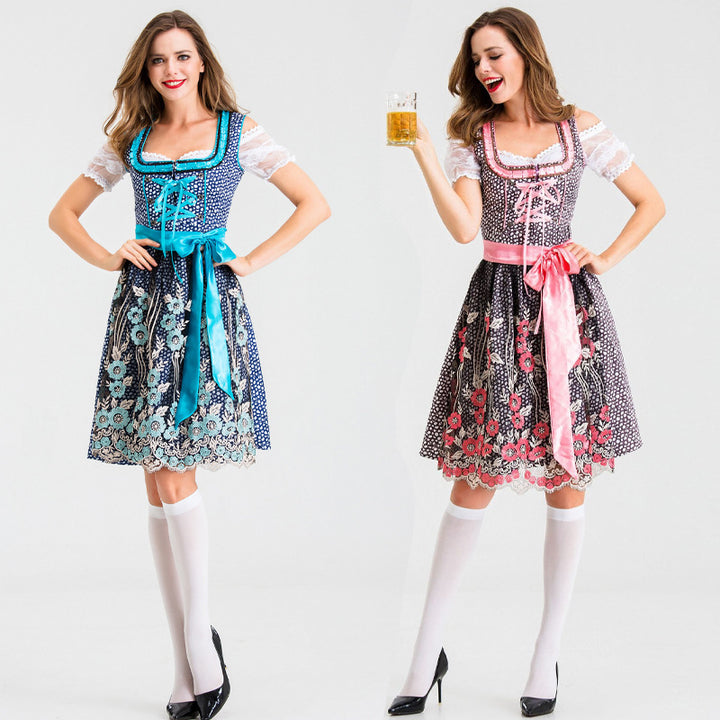 Damen nan traditionelles Kurzdirndl mit Spitzenärmeln, Schnürung und floraler Schürze Drune
