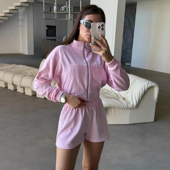 Damen sportlicher Freizeitjacken- und Shorts-Set mit leichtem Material Drune