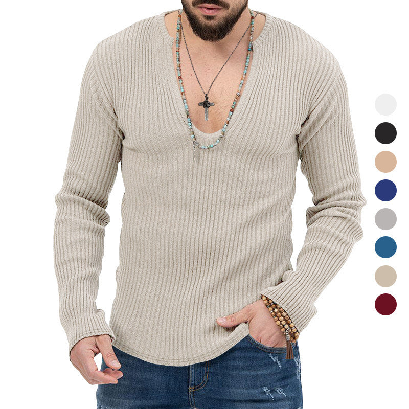 Herren Langarm-Rippenpullover mit tiefem V-Ausschnitt und modernem Schnitt Drune