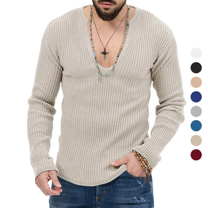 Herren Langarm-Rippenpullover mit tiefem V-Ausschnitt und modernem Schnitt Drune