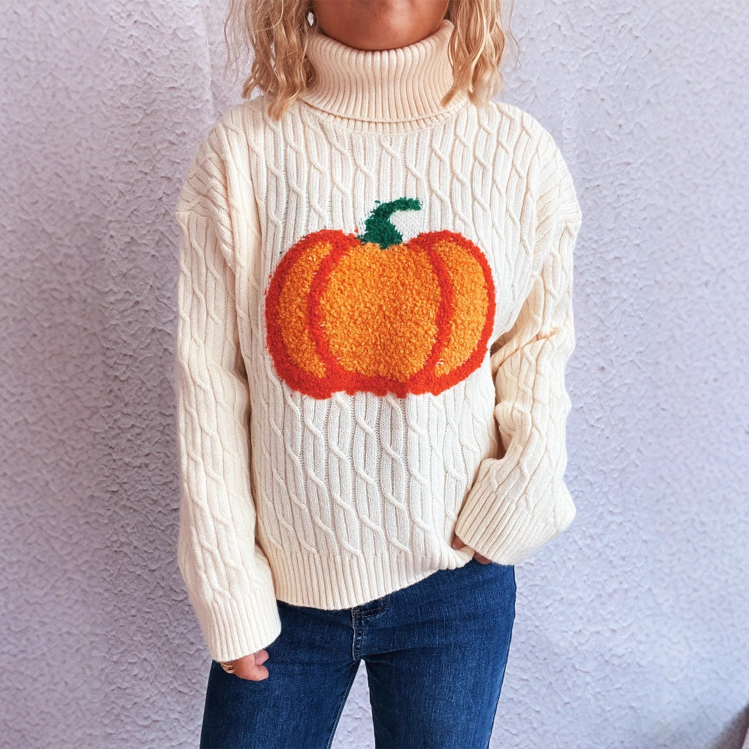 Damen Strickpullover mit Rollkragen und fröhlichem Kürbisdesign Drune
