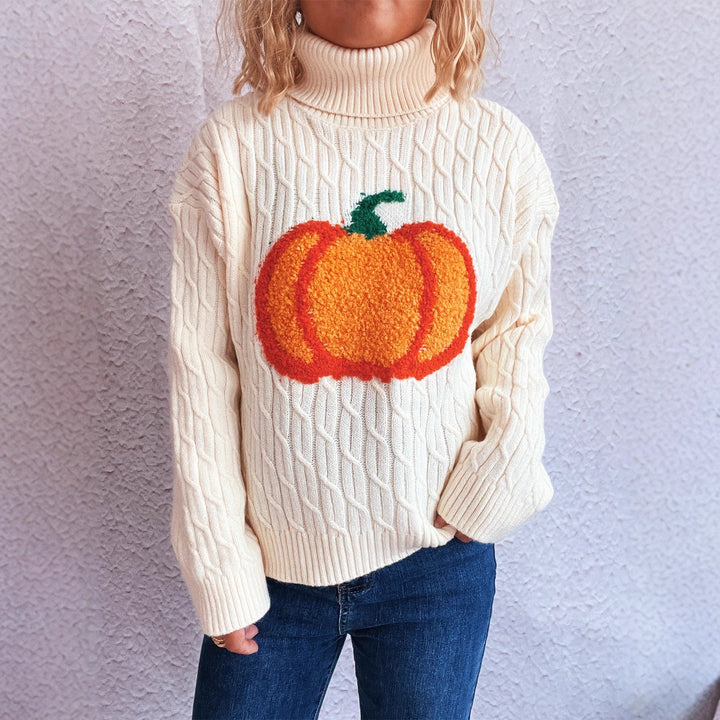 Damen Strickpullover mit Rollkragen und fröhlichem Kürbisdesign Drune