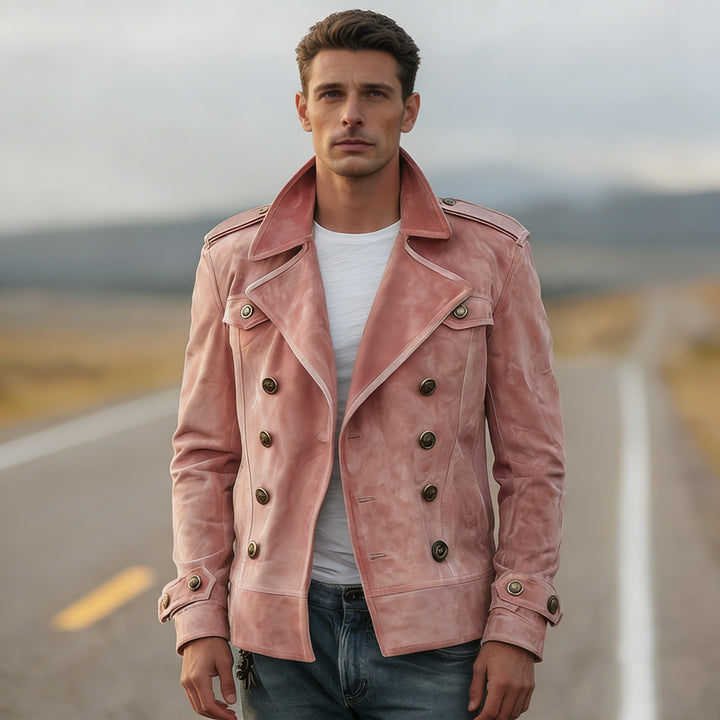 Herren nan doppeltreihige Vintage-Lederjacke mit Reverskragen und Schulterpatten Drune