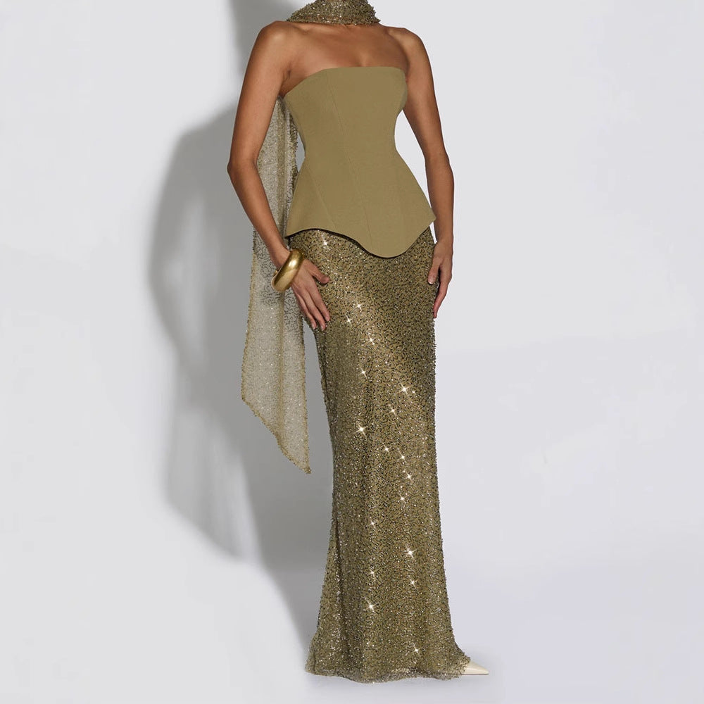 Damen Elegantes Abendkleid mit schimmerndem Oberteil und figurbetontem Rock Drune