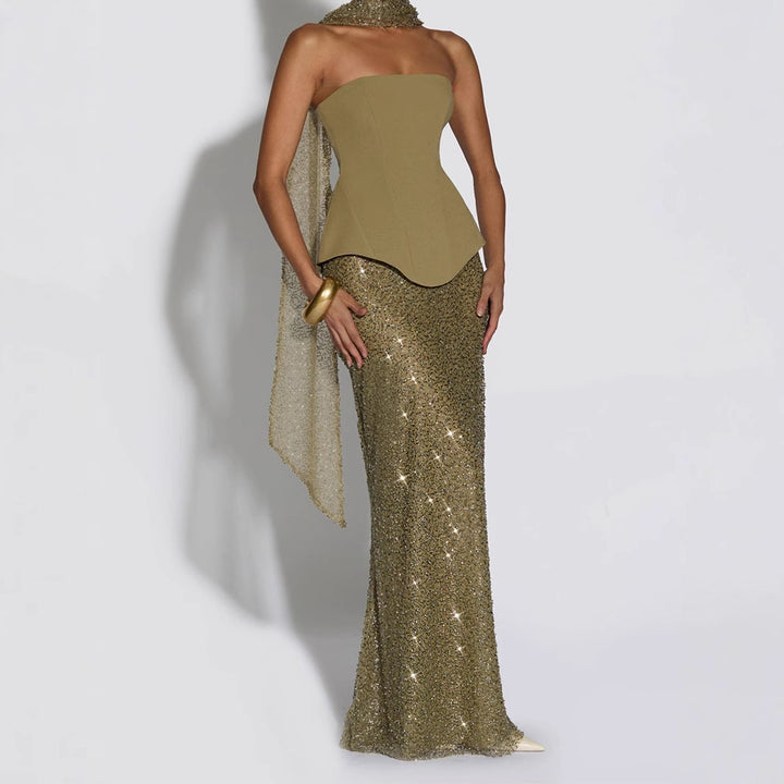 Damen Elegantes Abendkleid mit schimmerndem Oberteil und figurbetontem Rock Drune