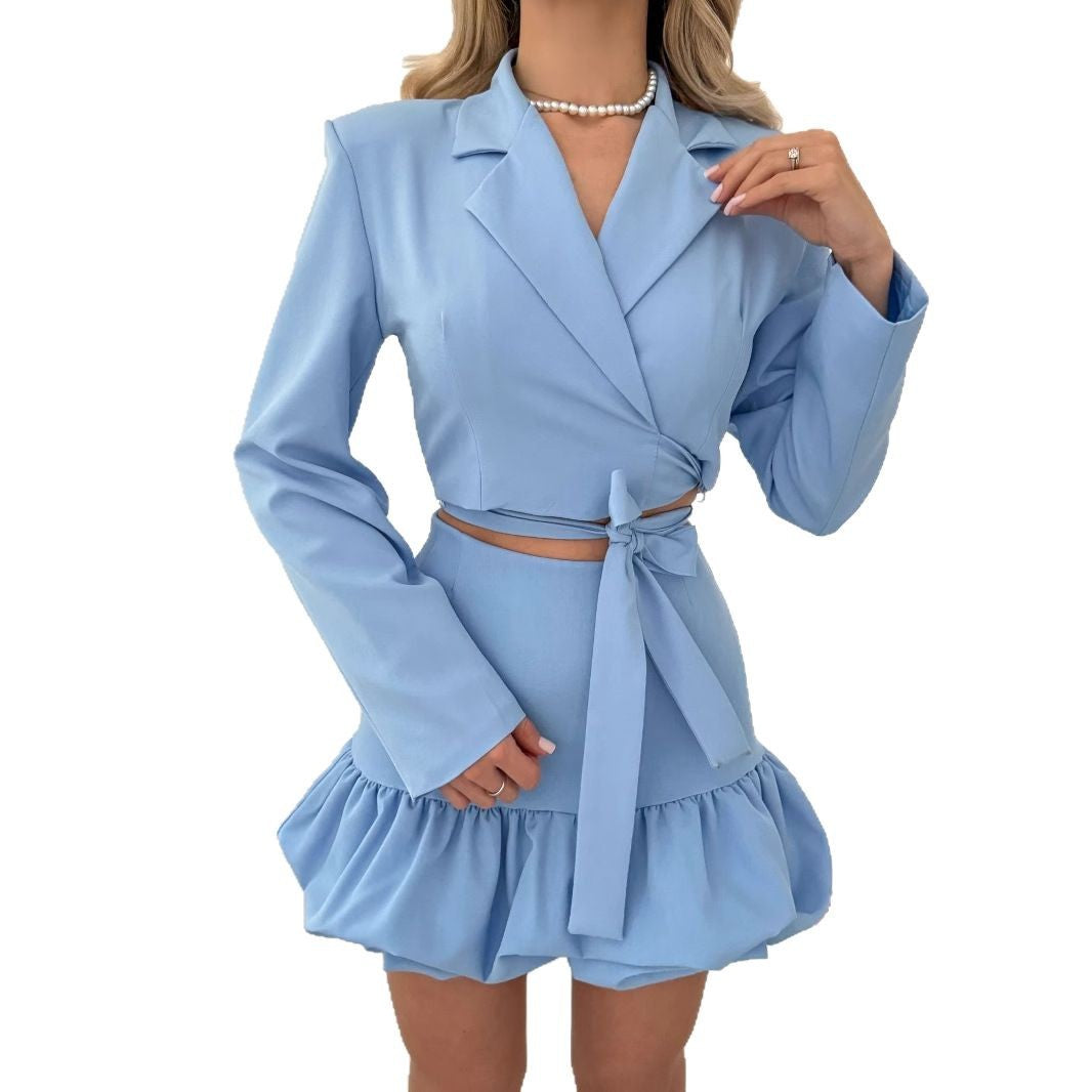 Damen elegantes Blazer-Rock-Set mit Rüschendetails Drune