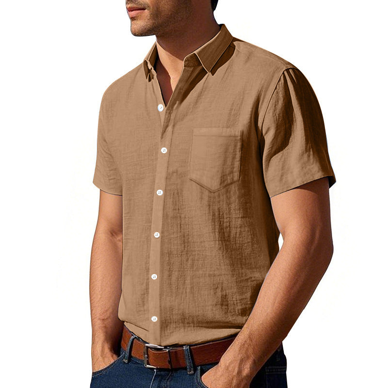 Herren nan kurzärmeliges Strukturhemd aus atmungsaktivem Slub-Leinen mit Kentkragen Brusttasche und geradem Saum Drune