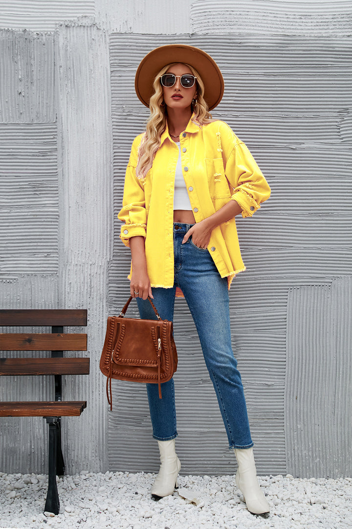 Damen Denim-Hemdjacke im lässigen Oversized-Schnitt mit fransigen Details Drune